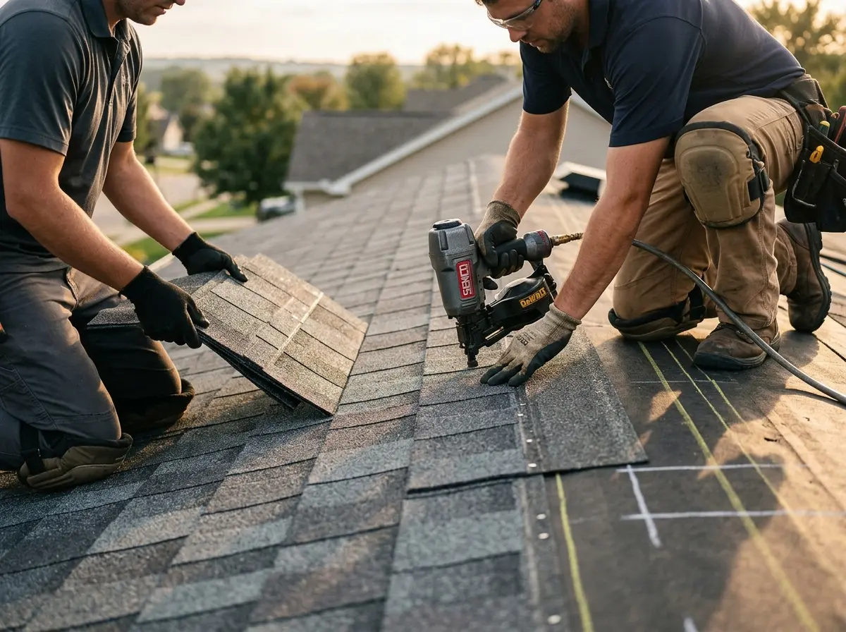 Professional roofer working on a residential roof in Lutz